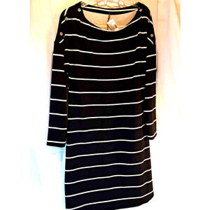Maurice's Women's Shift Dress Black Stripe Stretch Jewel Neck Long Sleeve M New